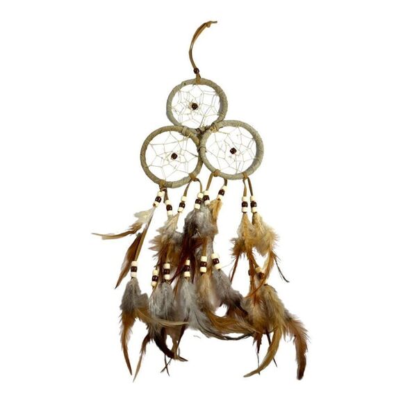 Handmade Triple Ring Dreamcatcher Feathers & Beads Southwest Genuine Vintage - Picture 5 of 7